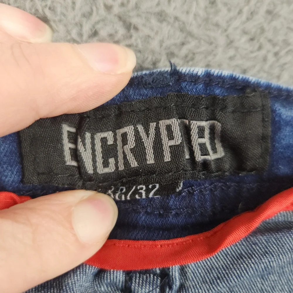 Encrypted Jeans Mens 38x32 Blue Distressed Ripped Moto Biker Denim Knee Panel
